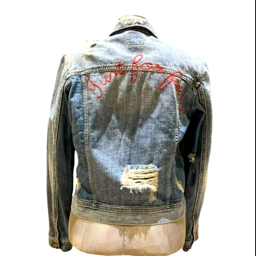 AMERICAN EAGLE denim blue destress jean jacket embroidered Just for Fun SZ S
